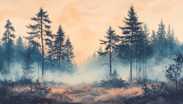 Tall pine trees stand in a misty forest clearing at dawn, the soft light creating a serene atmosphere. - Powered by Adobe