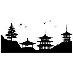 Japanese temple rooflines silhouetted