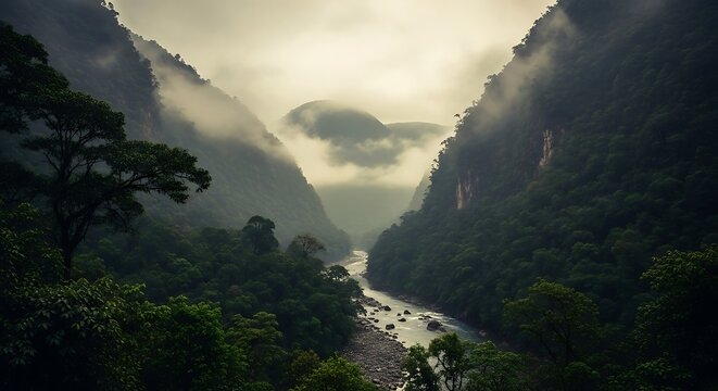 Lush green mountain valley with winding river and misty sky forest trees