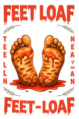 Creative food illustration featuring cartoon feet loaf with sauce in fun design style, perfect for quirky kitchen decor or culinary art