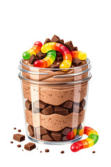Colorful dessert cup filled with chocolate and gummy worms for a fun treat
