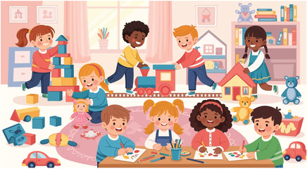 Diverse group of children playing with toys in a nursery. Kindergarten friends enjoying playtime together. Early childhood education and development concept. Cartoon illustration.