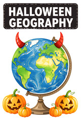 Halloween geography globe with pumpkins and festive decorations in a vibrant and playful design for seasonal learning
