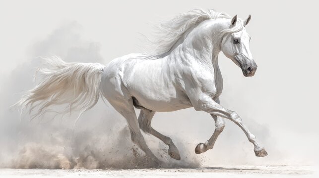Majestic white horse gallops gracefully across a sandy surface, creating clouds of dust in an ethereal environment