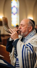 Senior Jewish man wearing tallit and kippah reverently blowing a ram horn shofar inside a synagogue. This traditional act marks Rosh Hashanah, celebrating the Jewish New Year.