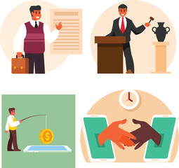 Business and Finance Vector Illustration Set with Auction, Online Payment and Digital Agreement