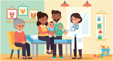 family with her cute baby visiting pediatrician in clinic. vector illustration