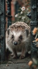 Fototapeta premium Hedgehog exploring a garden through a wrought iron gate during daylight hours