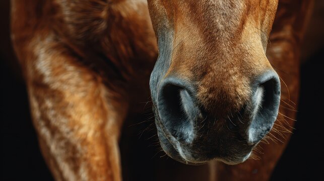 Close-up of a horse's muzzle showcasing detailed textures and colors in a natural setting during daylight hours