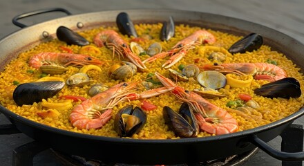 Vibrant seafood paella with shrimp, mussels, and clams garnished with fresh herbs and spices