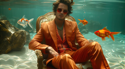 Stylish man in an orange suit seated underwater, elegantly surrounded by goldfish and decorative elements, evoking a surreal high-fashion and dreamlike editorial scene