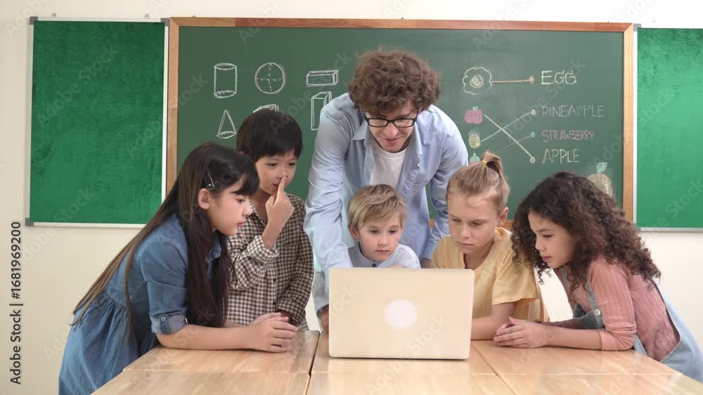 Poster caucasian teacher and diverse student looking at laptop at classroom. cute multicultural children le