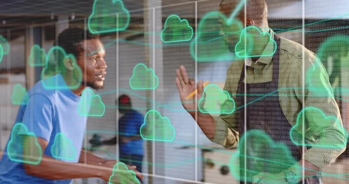 Two carpenters using tape marking  and  aligning boards with cloud icons validating dimensions