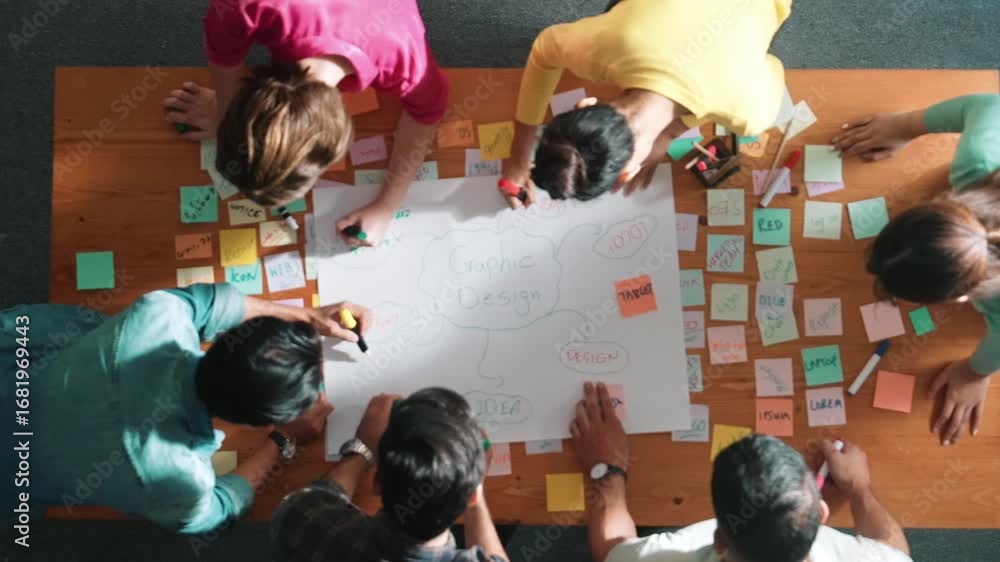 Poster top view of project manager writing and sticking stick notes. aerial view of professional business p