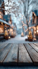 Winter evening in a cozy village with festive lights shining on snowy pathways