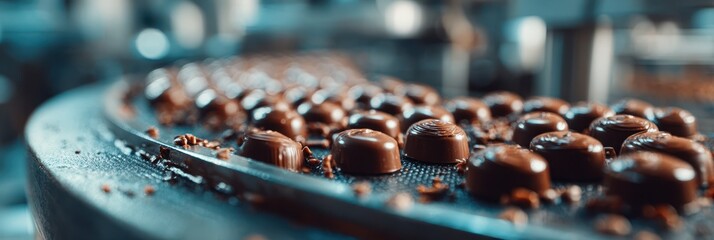 Chocolate candies moving along production line in a factory during daytime operations