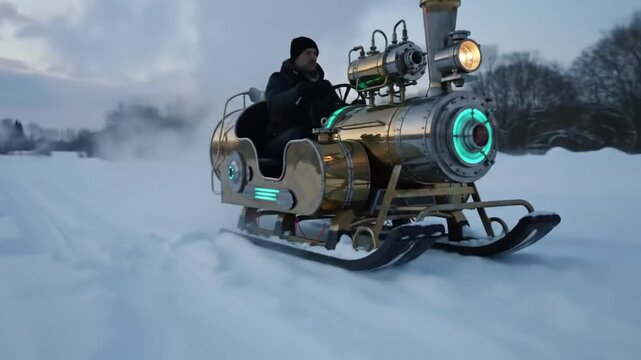 Steampunk snowmobile glides through winter landscape with glowing lights