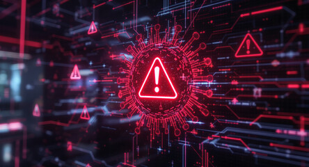 A virus alert warning displayed on a digital screen with red danger symbols and glitch effects, in a futuristic environment	
