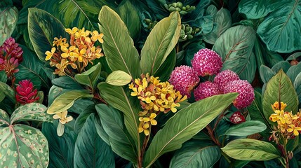 A detailed and vibrant depiction of various tropical flowers and lush green foliage.