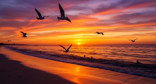 Sunset over the ocean with seagulls flying.