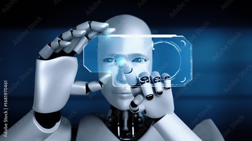 Poster robot hominoid hold hud hologram screen in concept of ai thinking brain, artificial intelligence and