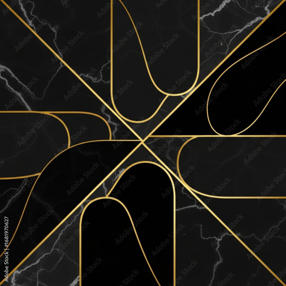Poster geometric pattern with golden lines on black marble texture creating an elegant and modern compositi