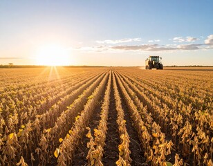 Golden Soybean Field Ready for Harvest with Tractor in Rural Argentina &ndash; Warm Light