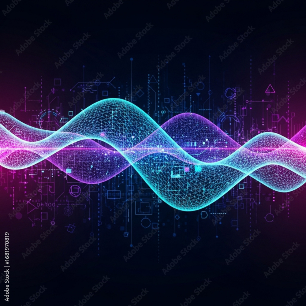 Poster wavy mesh structures in neon hues over schematic diagrams on dark backdrop create visual spectacle