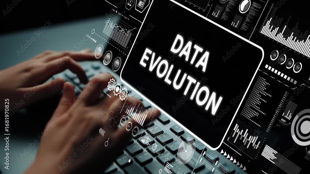 Poster hands typing on keyboard with data evolution text and digital graphics representing information tran