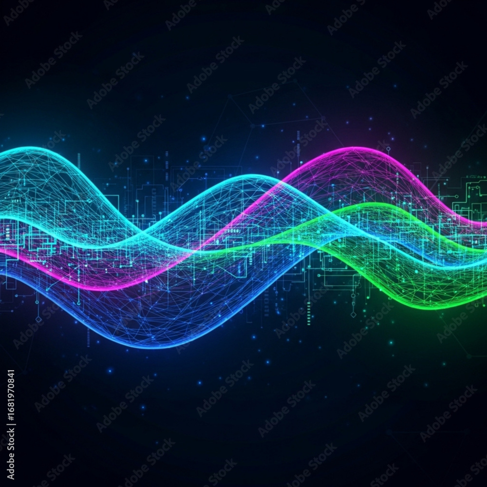 Poster abstract representation of colorful waves with circuit board elements on dark background design effe