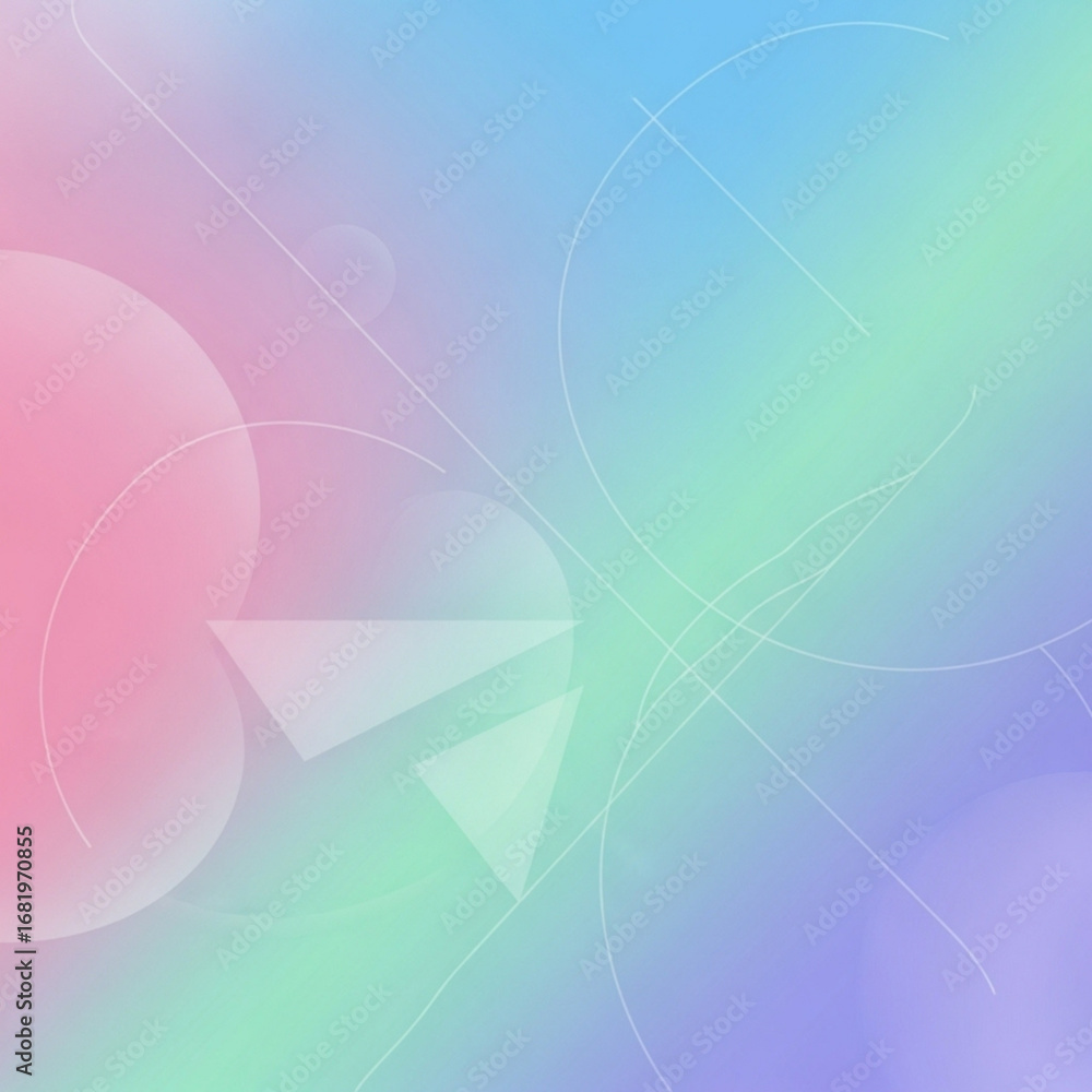Poster pastel gradient with geometric shapes including triangles circles and thin lines creating soft compo