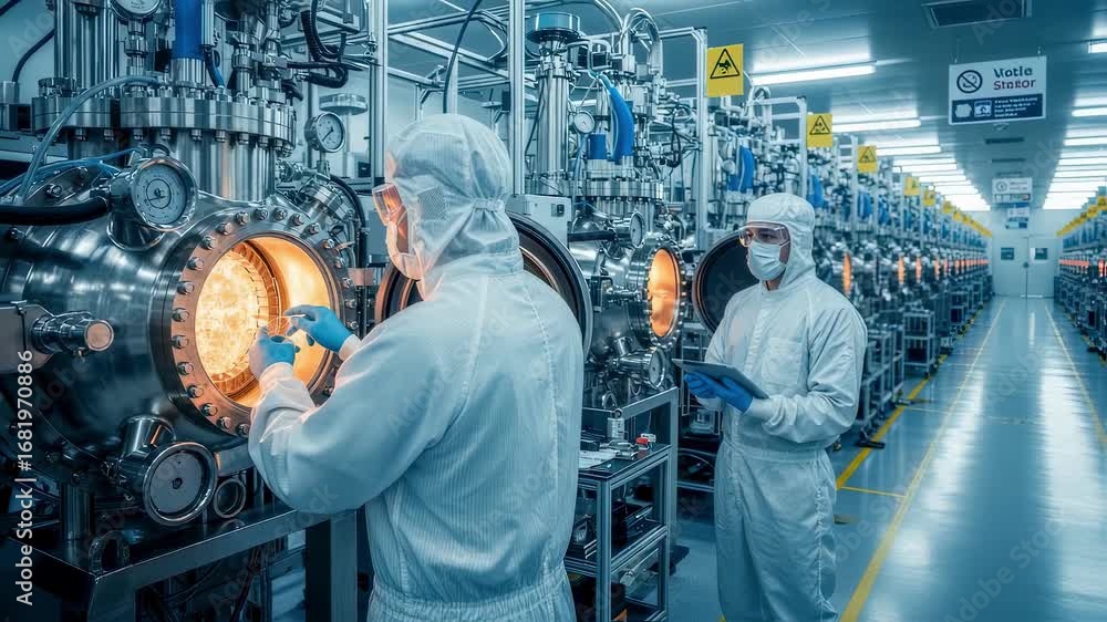 Poster technicians performing maintenance on diamond semiconductor cvd reactors in a brightly lit sterile f