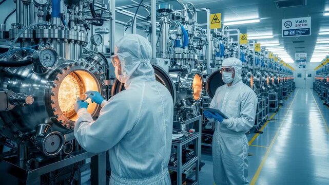 Technicians performing maintenance on diamond semiconductor CVD reactors in a brightly lit sterile factory environment with clear safety protocols.