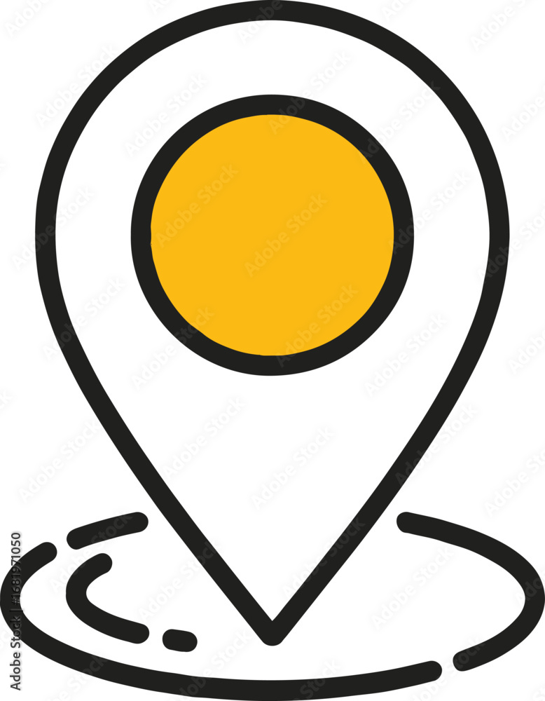 Poster location pin icon with a yellow circle inside, indicating a map pointer and destination, isolated on