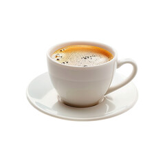 A cup of espresso in a white ceramic cup and saucer