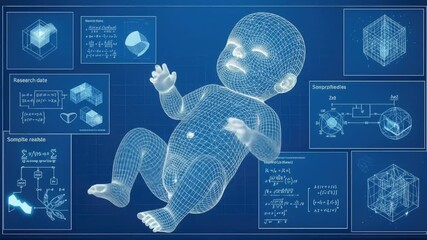 Wireframe baby blueprint with mathematical equations and diagrams on blue - Powered by Adobe