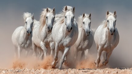 White horses galloping across a sandy landscape at sunset creating a dynamic and striking natural spectacle