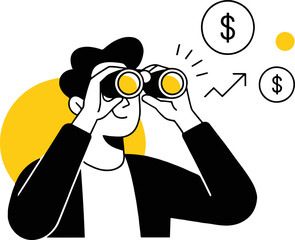 Illustration of a man is looking through binoculars to find investment opportunities, with dollar symbols and an upward trending arrow representing financial growth, isolated on white background