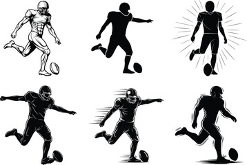 American football player kicking ball – silhouette and sketch sports action illustration set