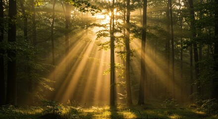 Majestic Sunlight Filtering Through Trees in Dense Forest Creating Dreamlike Atmosphere