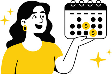 Illustration of a woman holding a calendar with dollar signs, isolated on white background, representing financial planning, money management, and scheduled payments in a cartoon style illustration