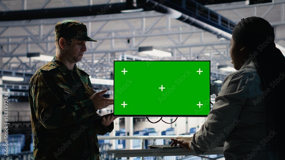 Poster server room army experts deploy ai tech on green screen pc to modernize defense. military server roo