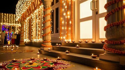 A beautifully decorated home entrance for the Diwali festival, featuring traditional lit diyas, a vibrant rangoli design, and glowing string lights.