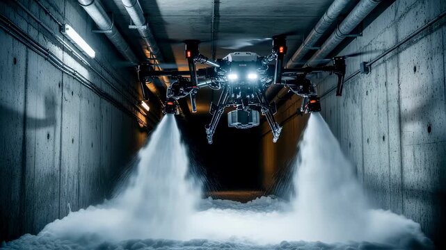 Firesuppression drone hovering in confined tunnel space emitting foam to replicate rapid firefighting response scenarios.
