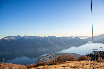 Mountain Cable Car View Over Lake at Sunset