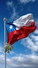 Chilean flag, national colors red white blue, waving proudly on a pole, against a clear blue sky, white clouds, with small white flowers symbolizing national identity and patriotic celebration.