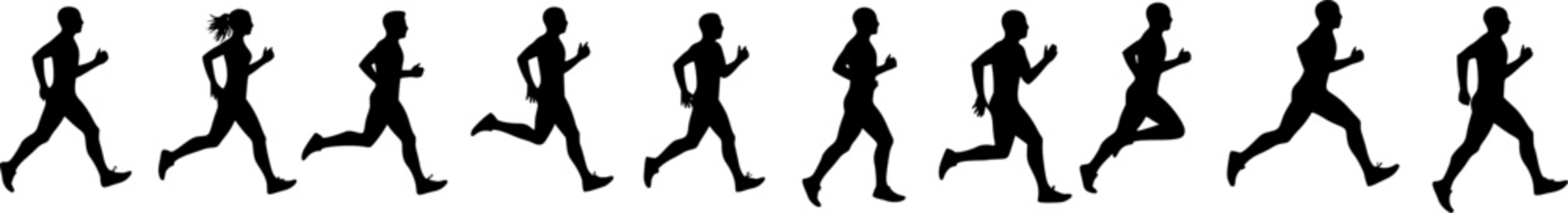 Group of running men and women side view of vector runner silhouette
