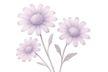 Fototapeta premium Purple daisies blooming on stems with leaves, isolated on transparent background, perfect for spring designs