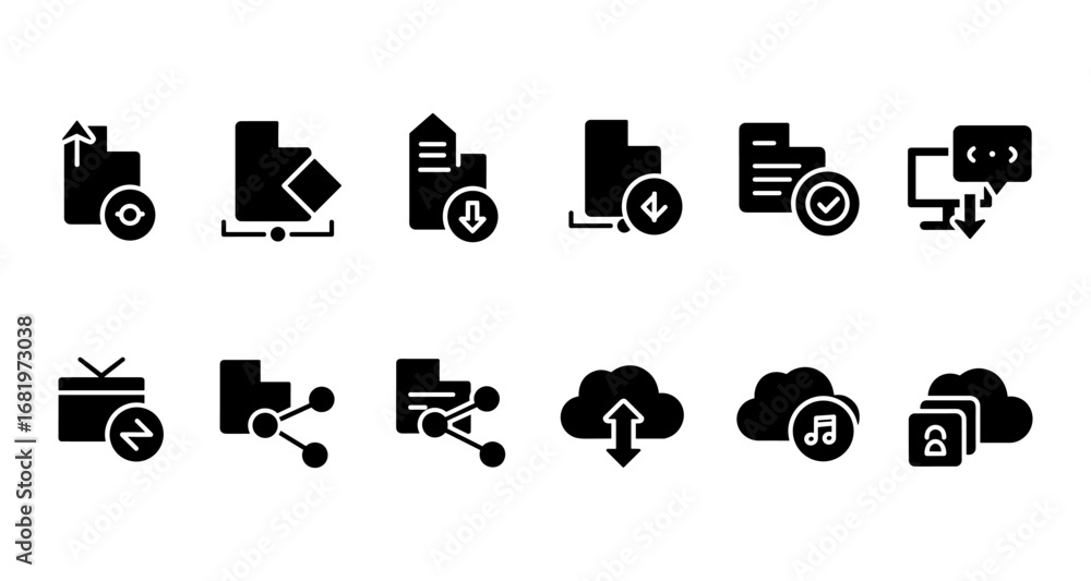 Poster set of minimalist data transfer and cloud computing icons in black and white