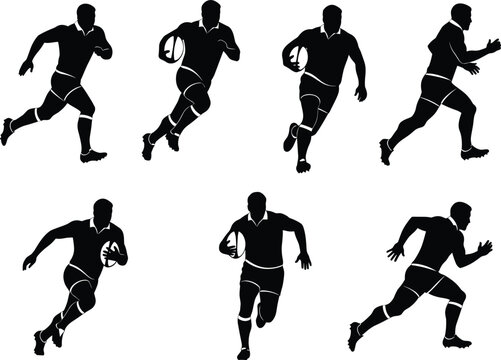 Rugby player silhouettes running, holding ball, sport action poses, athletic movement, sprint